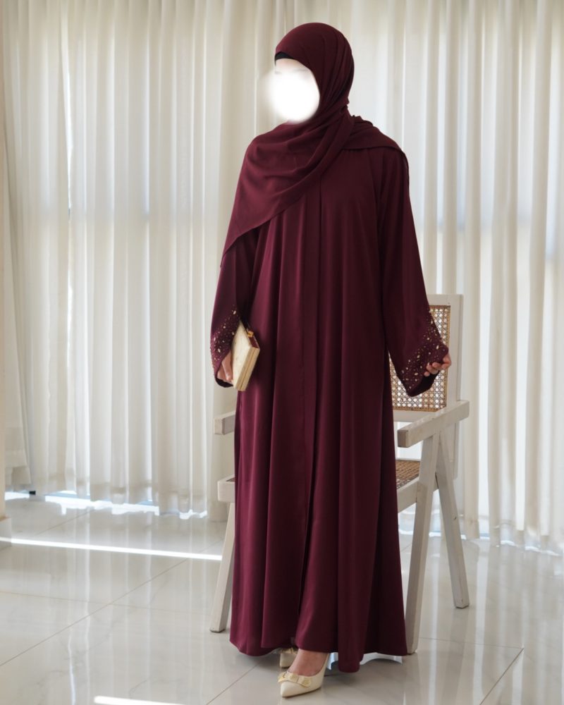 Elegant maroon abaya in TikTok Nida fabric with a glossy, shimmering finish—perfect for weddings and special celebrations.