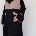 Elegant black and taupe lapel collar coat-style abaya tailored for a confident and professional look.