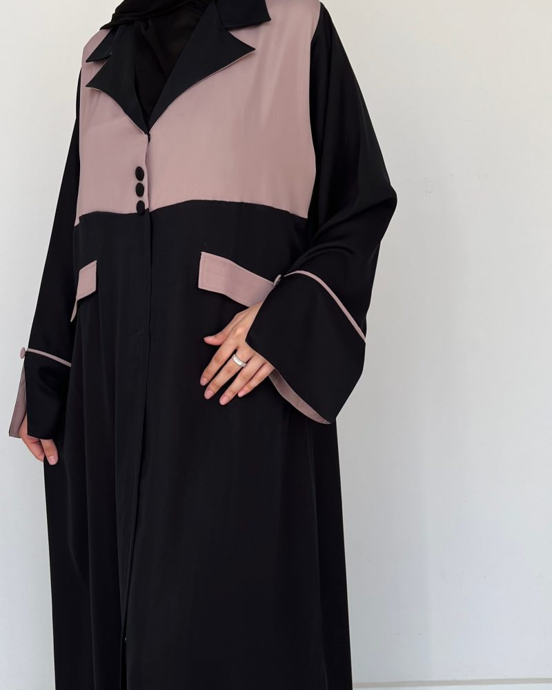 Elegant black and taupe lapel collar coat-style abaya tailored for a confident and professional look.