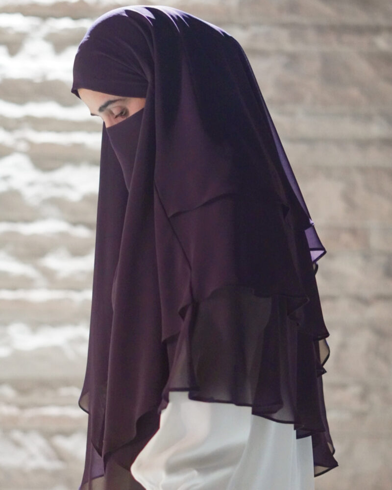 3-layer chiffon khimar in lightweight fabric, offering full coverage with elegant layered design.